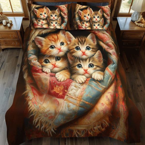 Purrfectly Cozy quilted 3-piece bedding set on a made bed with two matching pillow shams