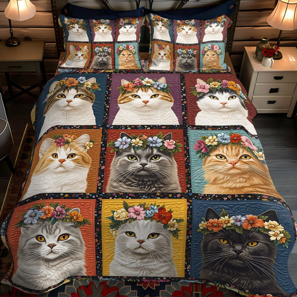 Purrfectly Floral Cats quilted 3-piece bedding set on a made bed with two matching pillow shams