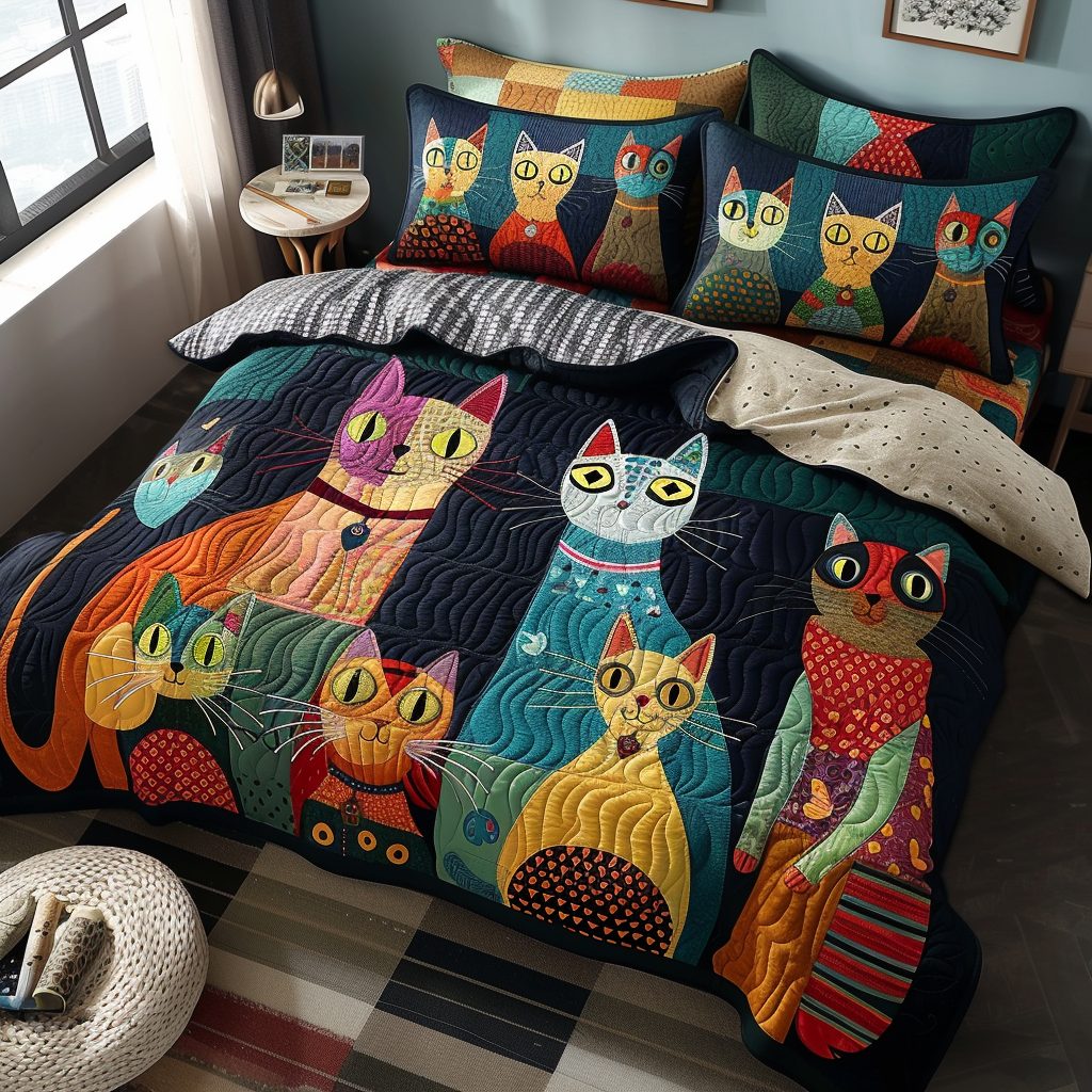 Purrfectly Quirky quilted 3-piece bedding set on a made bed with two matching pillow shams