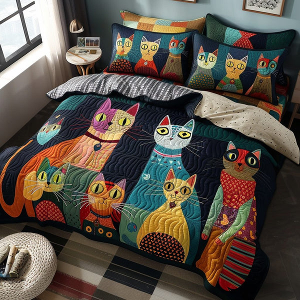 Purrfectly Quirky quilted 3-piece bedding set on a made bed with two matching pillow shams