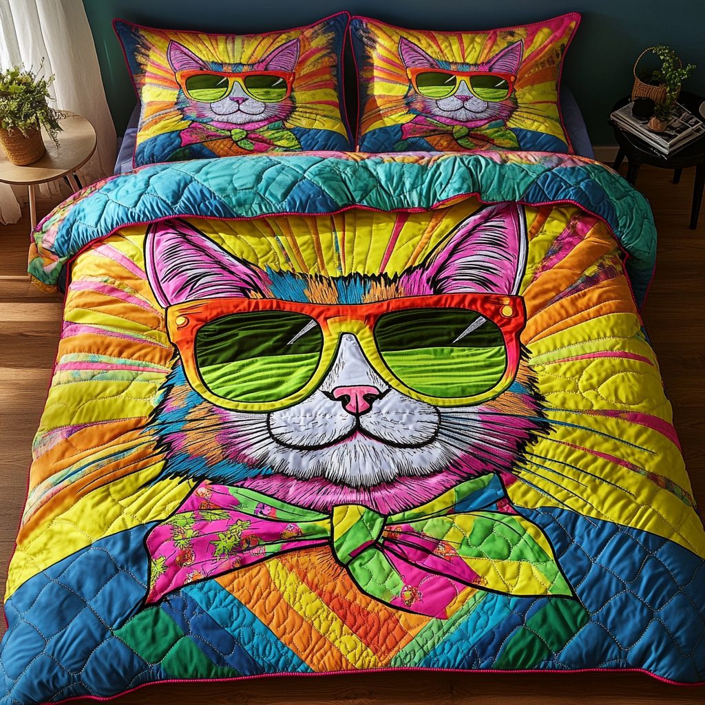 Purring Charm quilted 3-piece bedding set on a made bed with two matching pillow shams