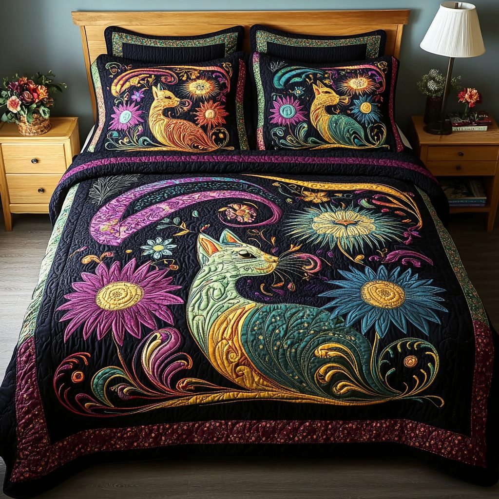Purring Grace quilted 3-piece bedding set on a made bed with two matching pillow shams