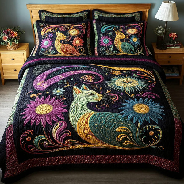 Purring Grace quilted 3-piece bedding set on a made bed with two matching pillow shams