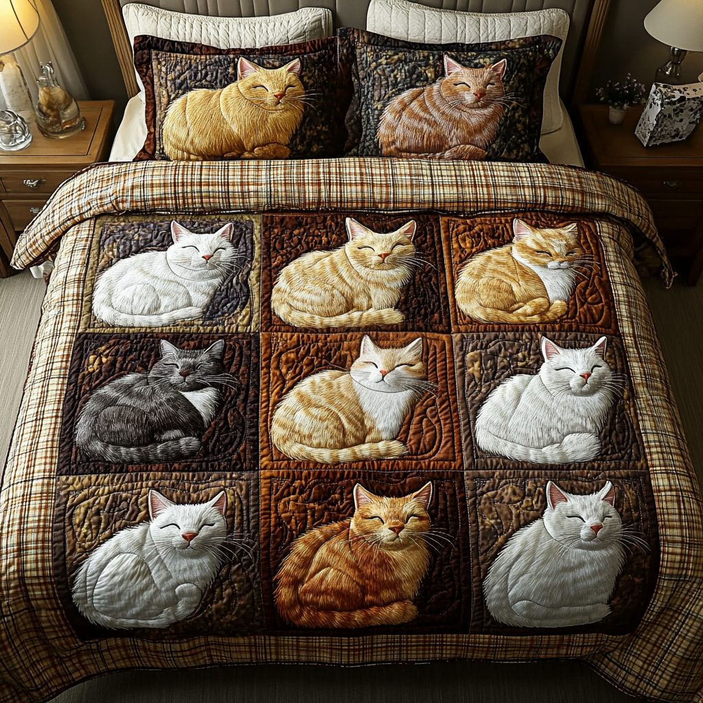 Purring Paradise quilted 3-piece bedding set on a made bed with two matching pillow shams