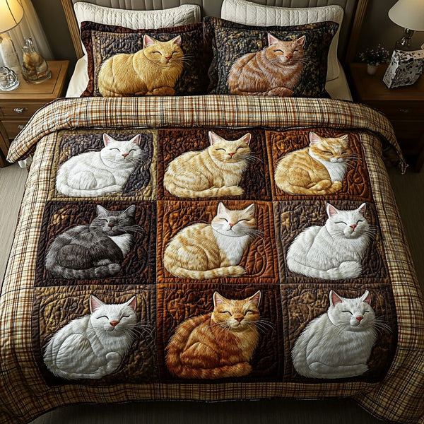 Purring Paradise quilted 3-piece bedding set on a made bed with two matching pillow shams