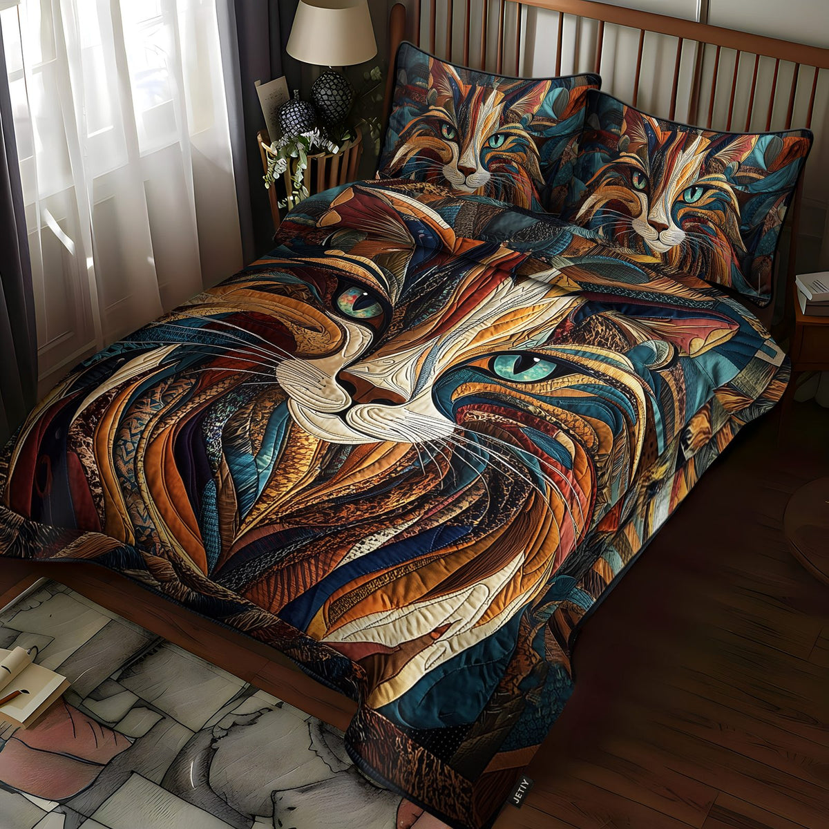Purrs And Patches quilted 3-piece bedding set on a made bed with two matching pillow shams