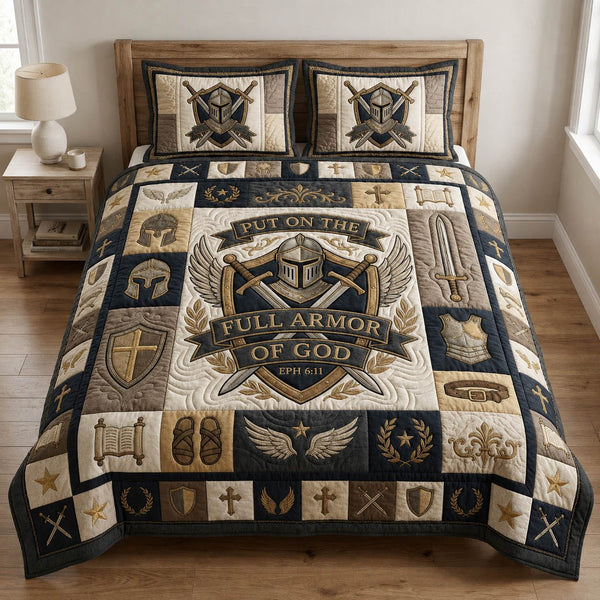 Put On The Full Armor Of God quilted 3-piece bedding set on a made bed in a softly lit bedroom