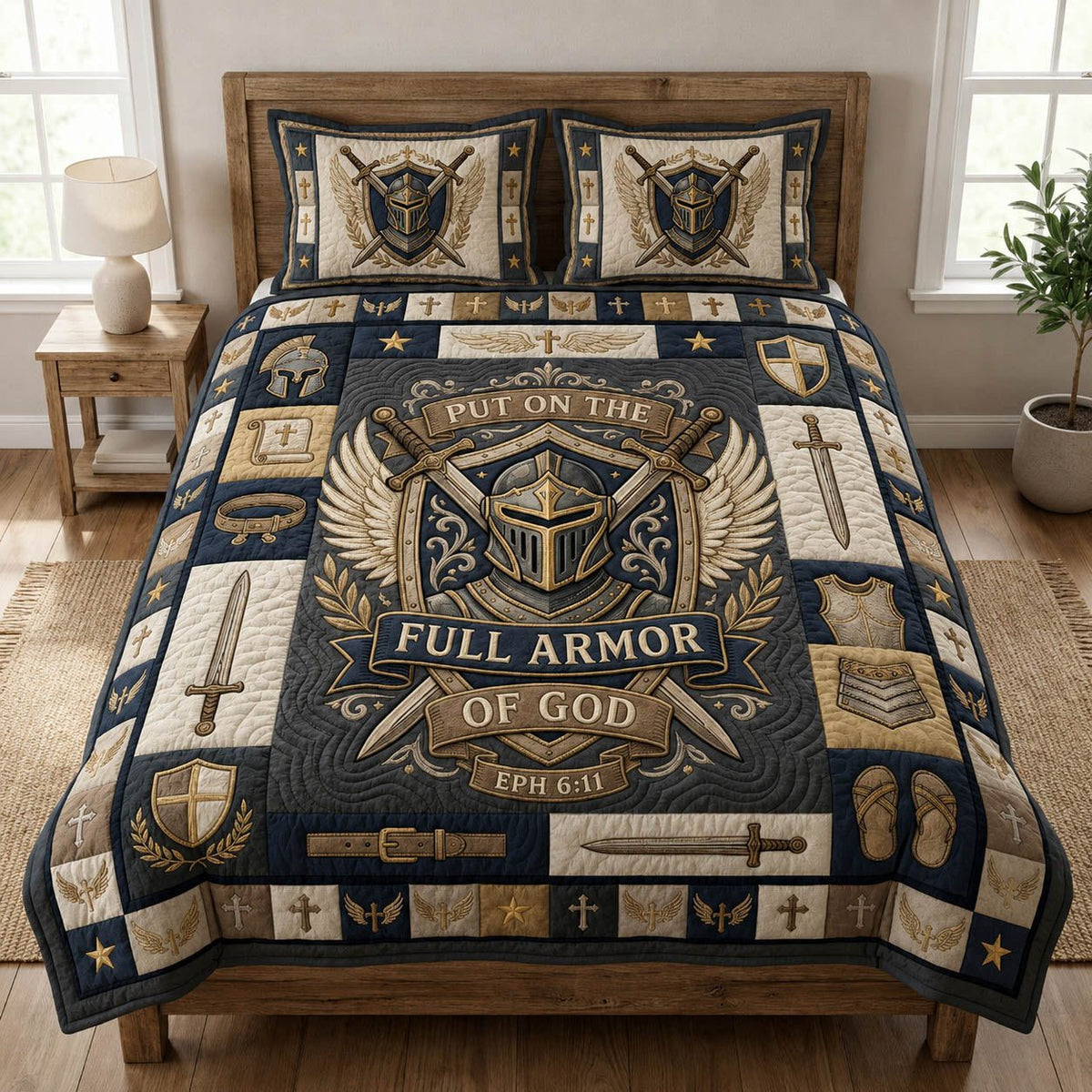 Put On The Full Armor Of God quilted 3-piece bedding set on a made bed in a softly lit bedroom