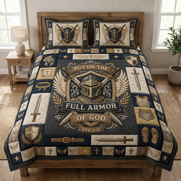 Put On The Full Armor Of God quilted 3-piece bedding set on a made bed in a softly lit bedroom