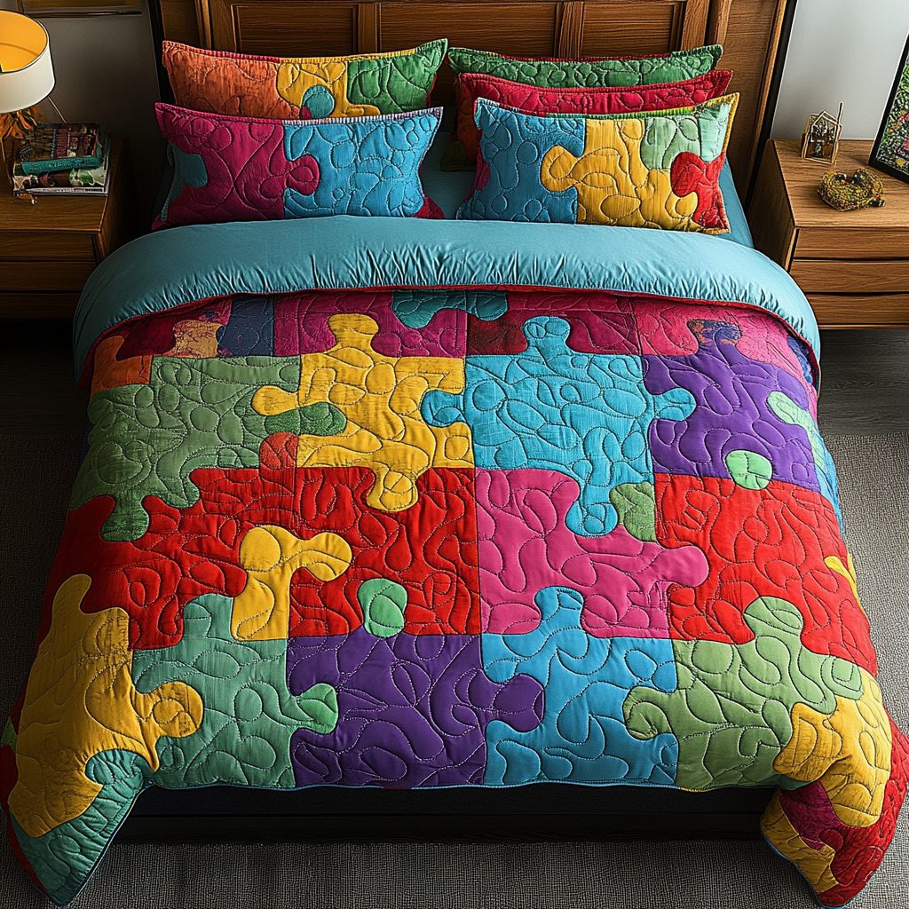 Puzzle Patterns of Joy quilted 3-piece bedding set on a made bed with two matching pillow shams