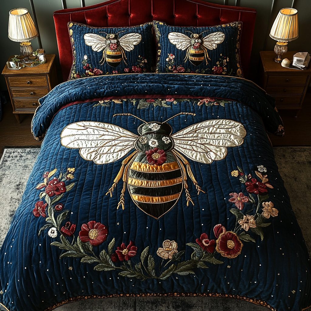 Queen Bee Charm quilted 3-piece bedding set on a made bed with two matching pillow shams