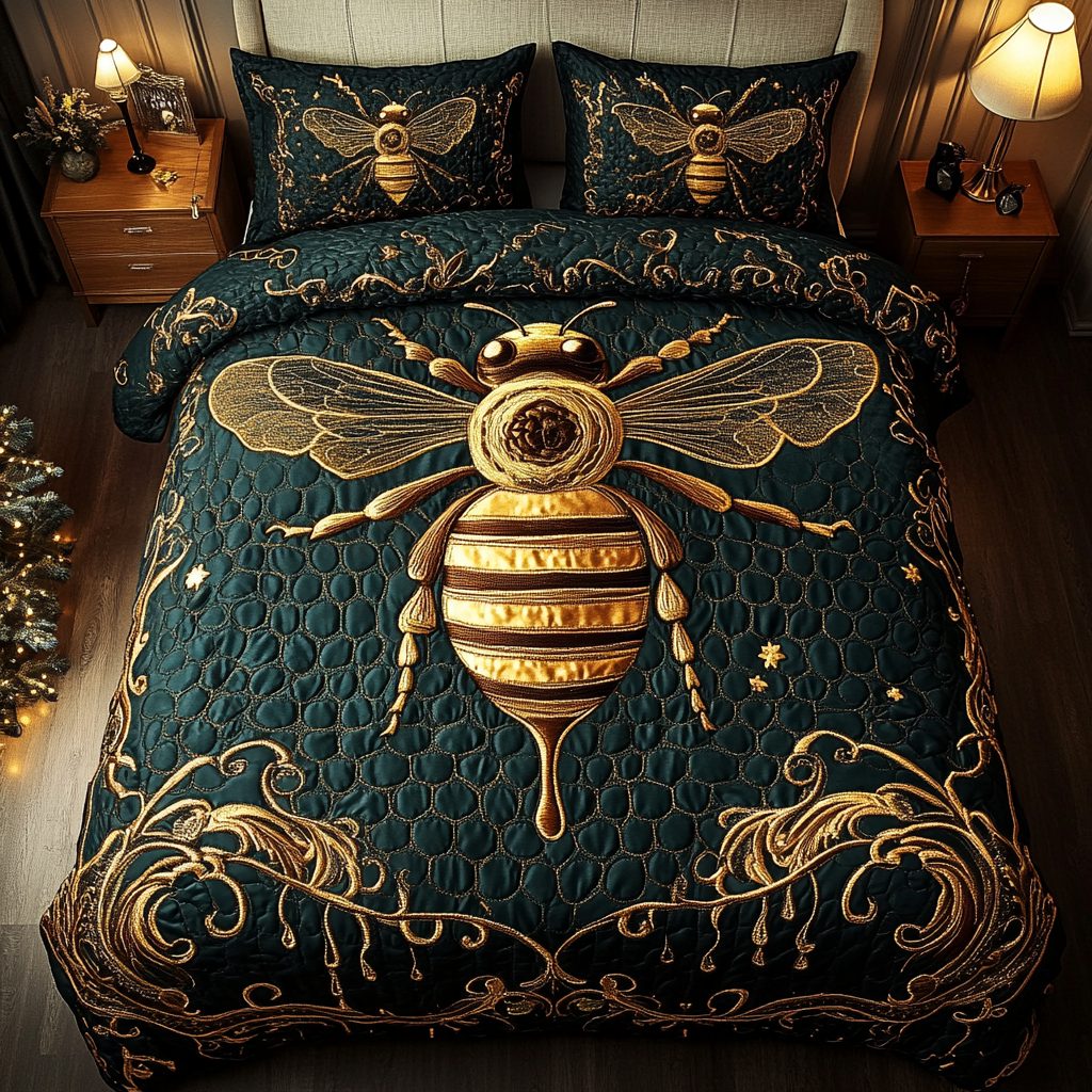 Queen Bee Glory quilted 3-piece bedding set on a made bed with two matching pillow shams
