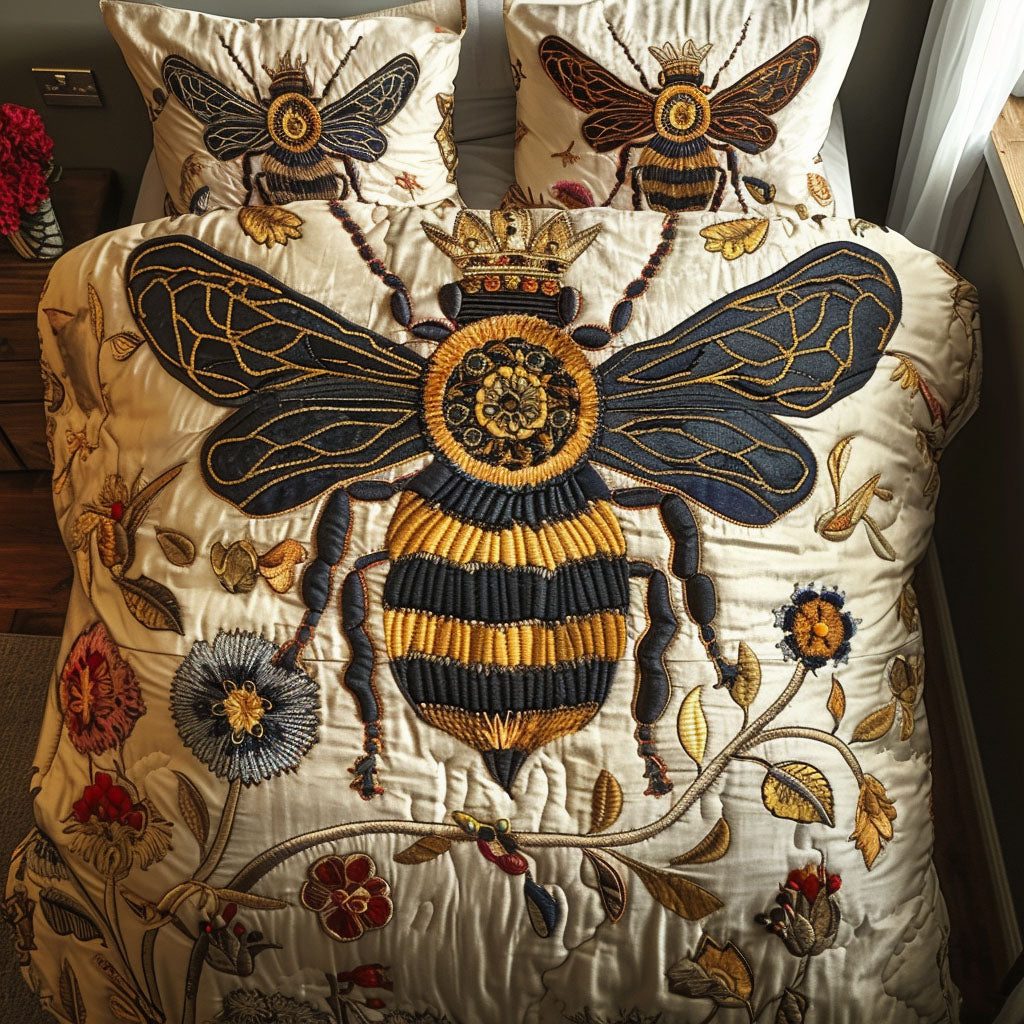 Queen Bee quilted 3-piece bedding set on a made bed with two matching pillow shams