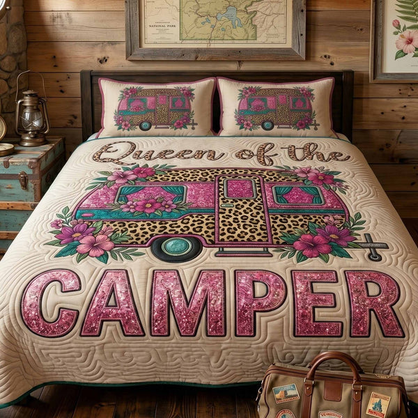 Queen Camper quilted 3-piece bedding set on a made bed with two matching pillow shams