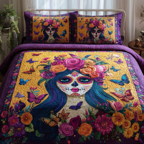 Queen of the Dead quilted 3-piece bedding set on a made bed against a dark styled interior
