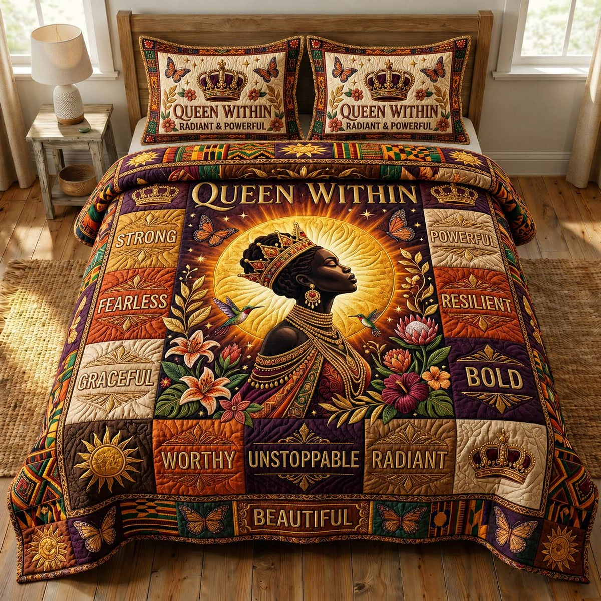 Queen Within quilted 3-piece bedding set on a made bed with two matching pillow shams