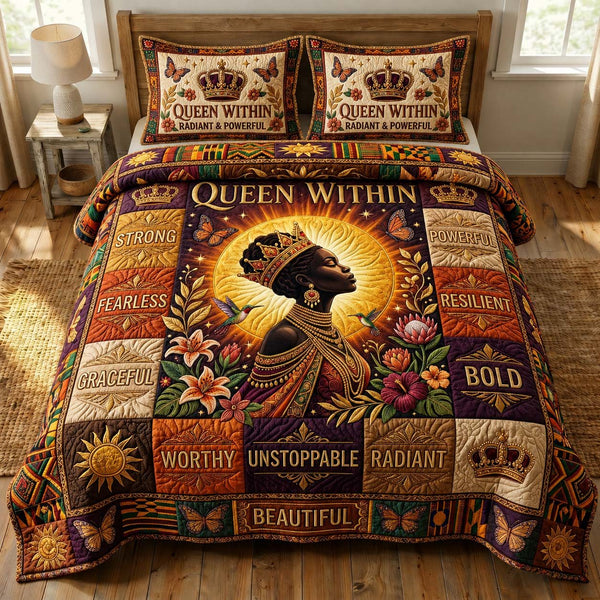 Queen Within quilted 3-piece bedding set on a made bed with two matching pillow shams