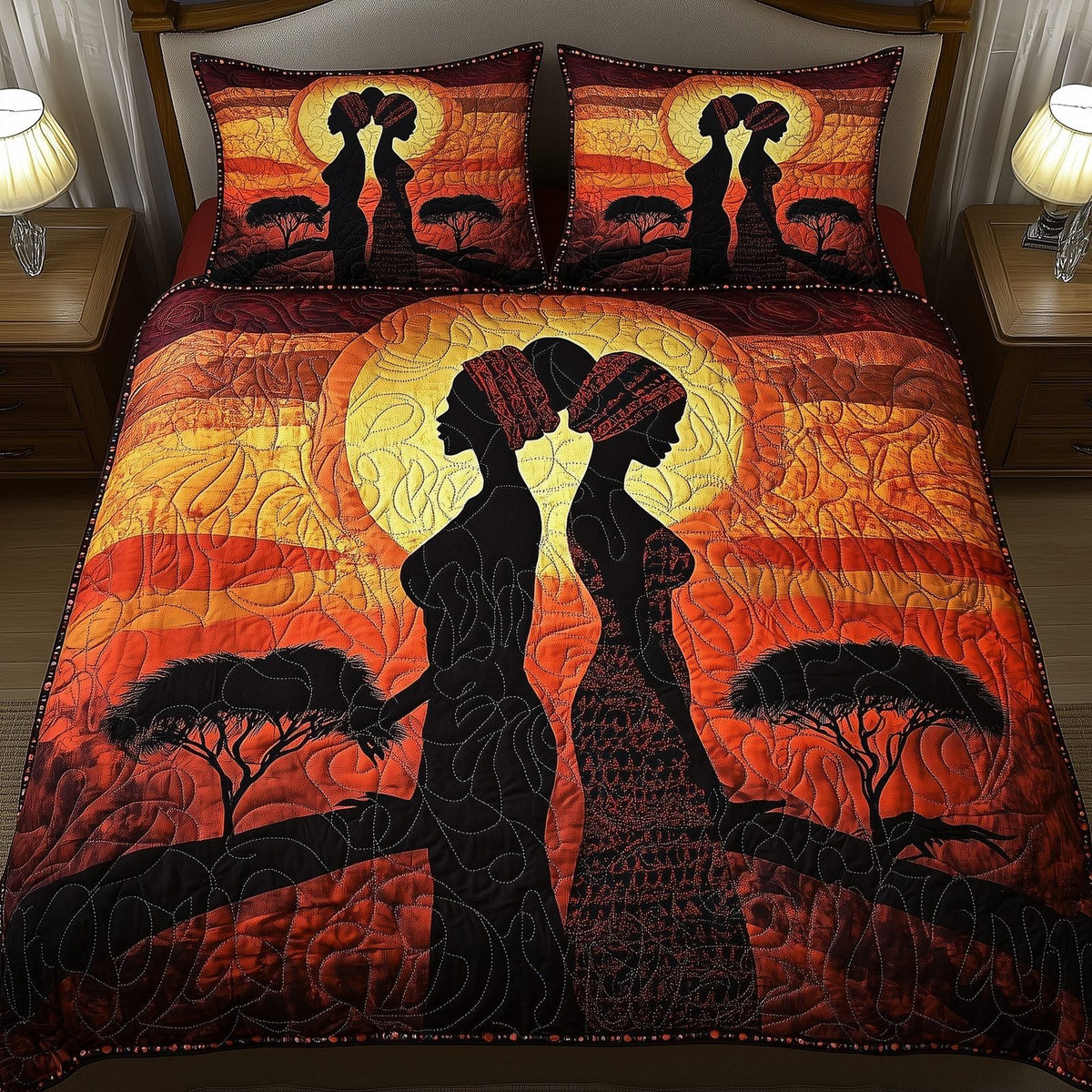 Queens of the Savanna quilted 3-piece bedding set on a made bed with two matching pillow shams