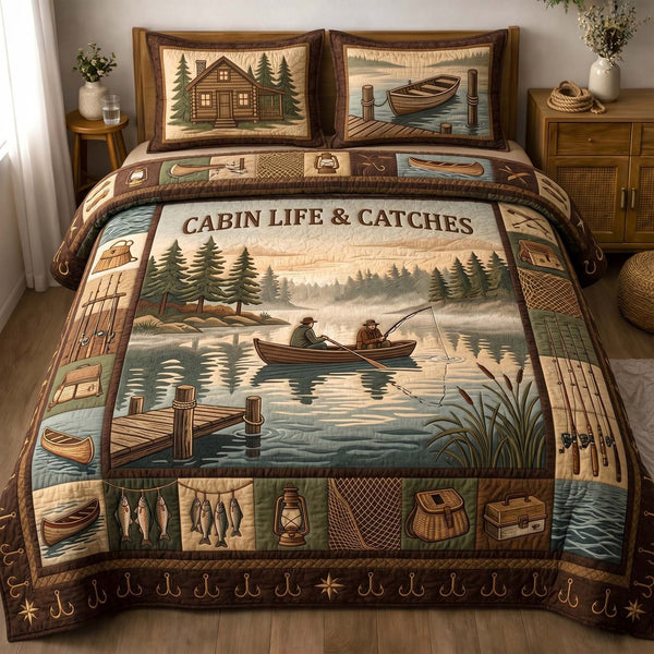 Quiet Angler quilted 3-piece bedding set on a made bed with two matching pillow shams