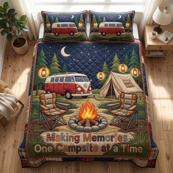 Quiet Camp quilted 3-piece bedding set on a made bed with two matching pillow shams