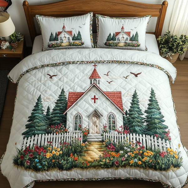 Quiet Church quilted 3-piece bedding set on a made bed with two matching pillow shams