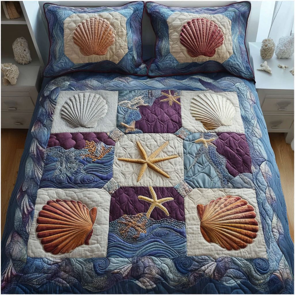 Quiet Coast quilted 3-piece bedding set on a made bed with two matching pillow shams