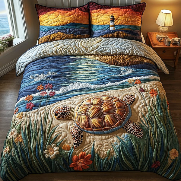 Quiet Currents quilted 3-piece bedding set on a made bed with two matching pillow shams