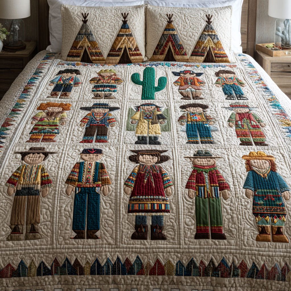 Quiet Days quilted 3-piece bedding set on a made bed with two matching pillow shams