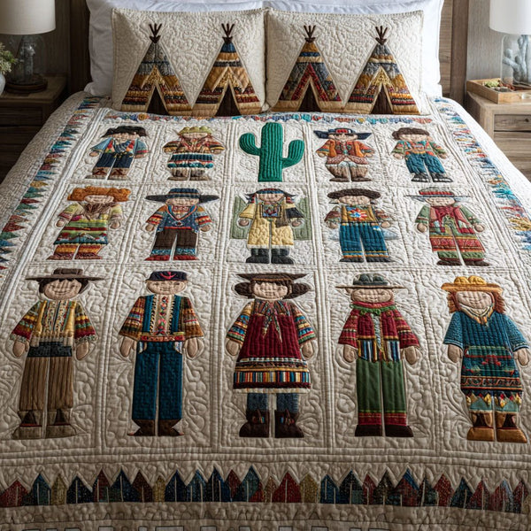 Quiet Days quilted 3-piece bedding set on a made bed with two matching pillow shams