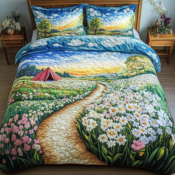 Quiet Getaway quilted 3-piece bedding set on a made bed with two matching pillow shams
