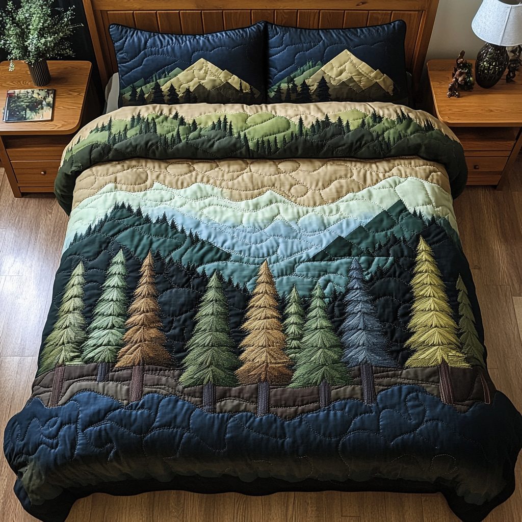 Quiet Grove quilted 3-piece bedding set on a made bed with two matching pillow shams