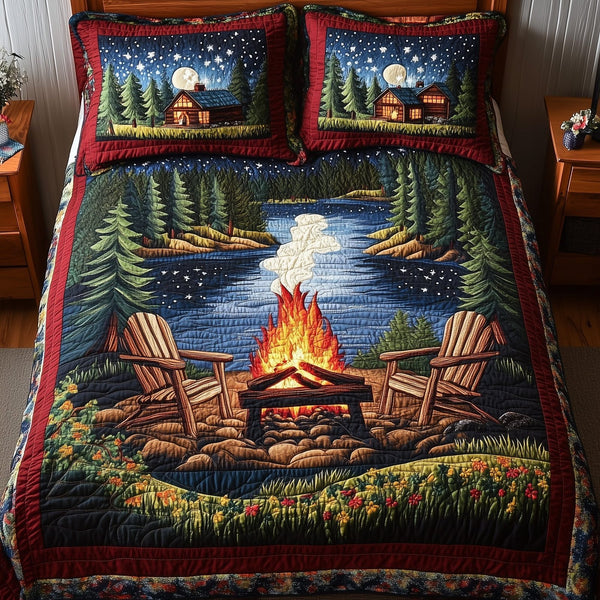 Quiet Harmony quilted 3-piece bedding set on a made bed with two matching pillow shams