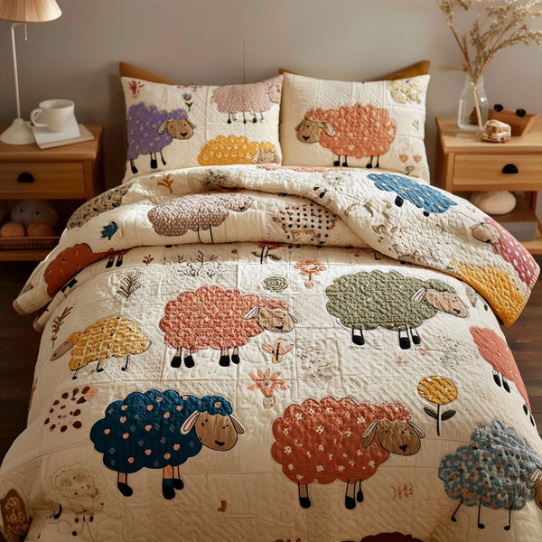 Quiet Meadows quilted 3-piece bedding set on a made bed with two matching pillow shams