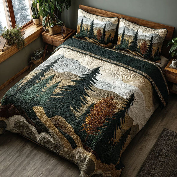 Quiet Peaks quilted 3-piece bedding set on a made bed with two matching pillow shams