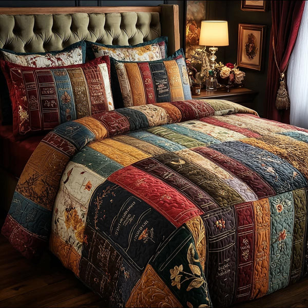 Quiet Reading quilted 3-piece bedding set on a made bed with two matching pillow shams