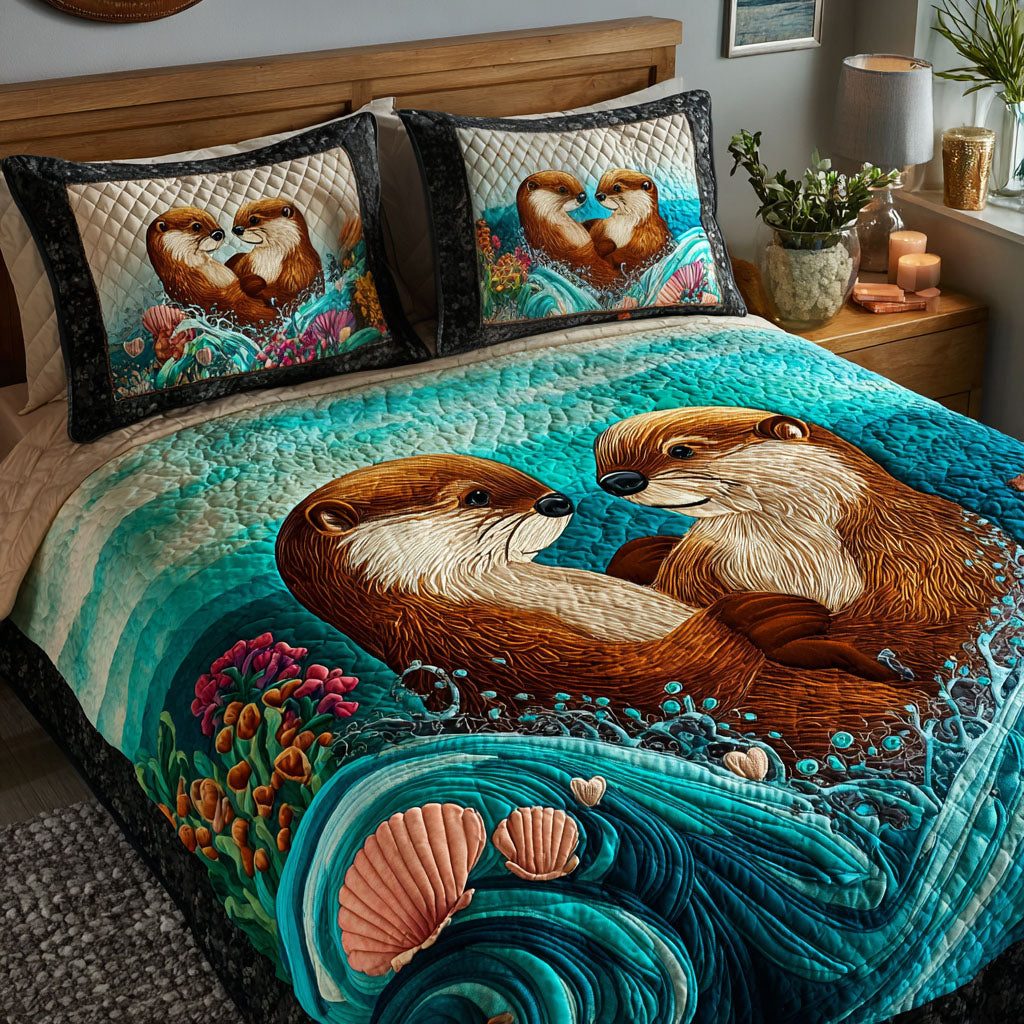 Quiet Romance quilted 3-piece bedding set on a made bed with two matching pillow shams
