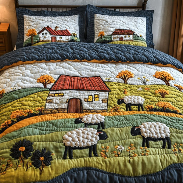 Quiet Sheep quilted 3-piece bedding set on a made bed with two matching pillow shams