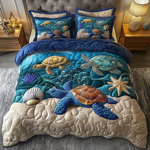 Quiet Shell Escape quilted 3-piece bedding set on a made bed in a light coastal bedroom