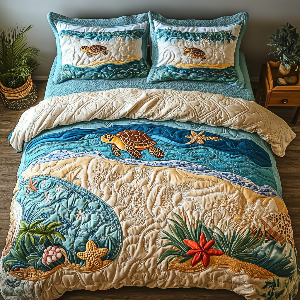 Quiet Shore quilted 3-piece bedding set on a made bed in a light coastal bedroom