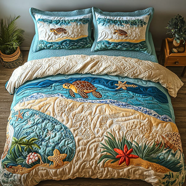 Quiet Shore quilted 3-piece bedding set on a made bed in a light coastal bedroom