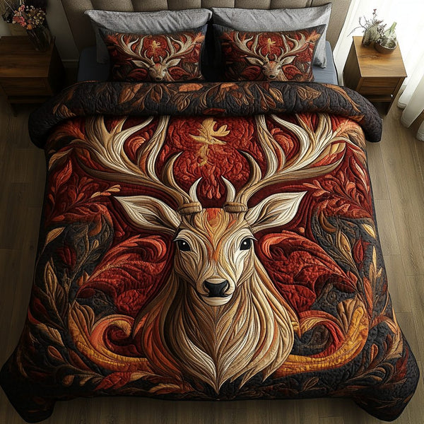 Quiet Stag quilted 3-piece bedding set on a made bed with two matching pillow shams