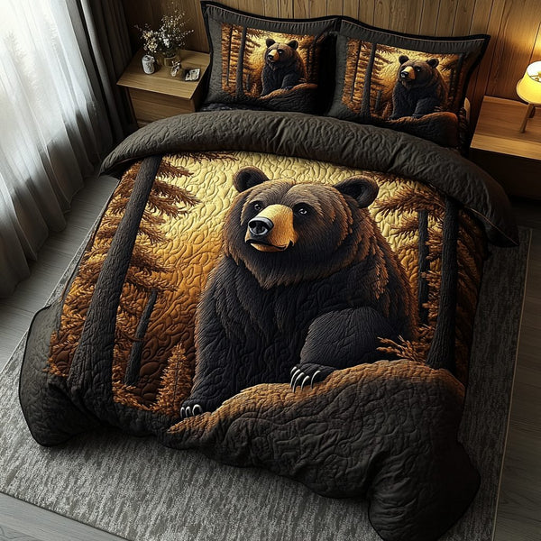 Quiet Stalker quilted 3-piece bedding set on a made bed with two matching pillow shams