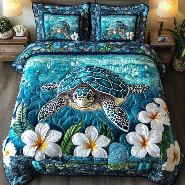 Quiet Turtle quilted 3-piece bedding set on a made bed in a light coastal bedroom
