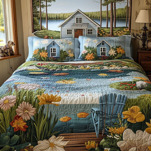 Quiet Waters quilted 3-piece bedding set on a made bed with two matching pillow shams