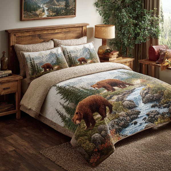 Quiet Woods quilted 3-piece bedding set on a made bed with two matching pillow shams