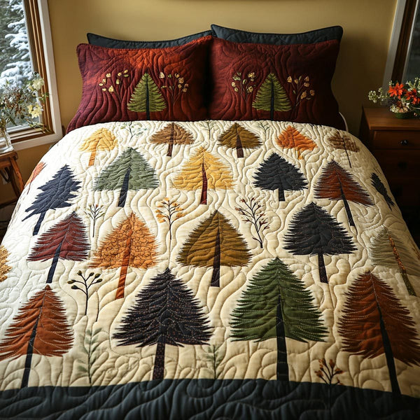 Quiet Woods quilted 3-piece bedding set on a made bed with two matching pillow shams
