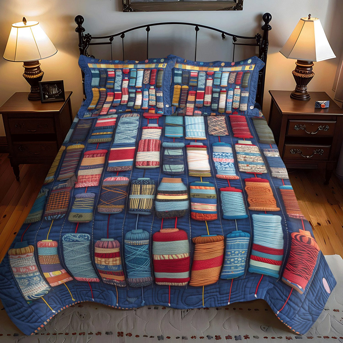 Quilter Spools quilted 3-piece bedding set on a made bed with two matching pillow shams