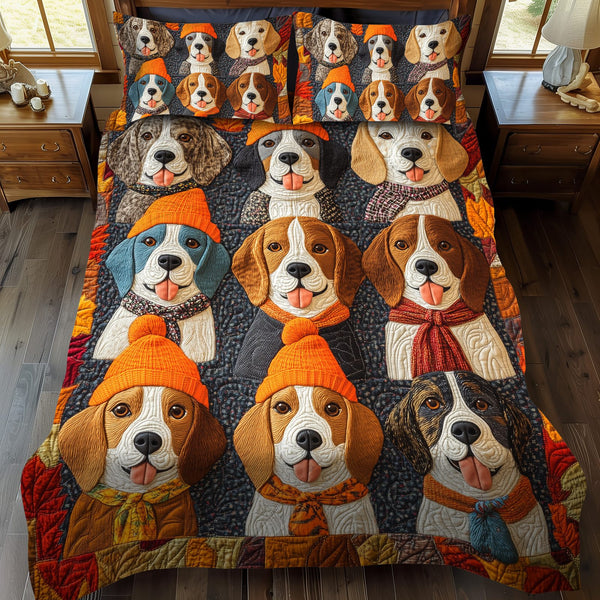 Quirky Beagle quilted 3-piece bedding set on a made bed with two matching pillow shams