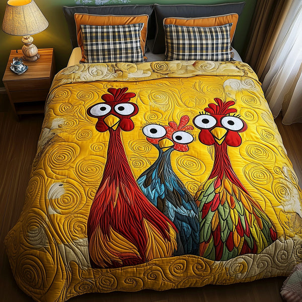 Quirky Chicken quilted 3-piece bedding set on a made bed with two matching pillow shams
