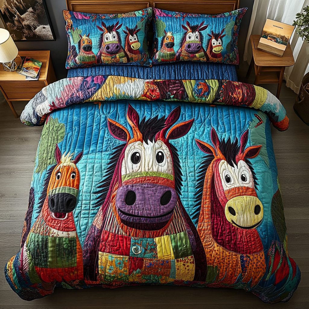 Quirky Comfort quilted 3-piece bedding set on a made bed with two matching pillow shams